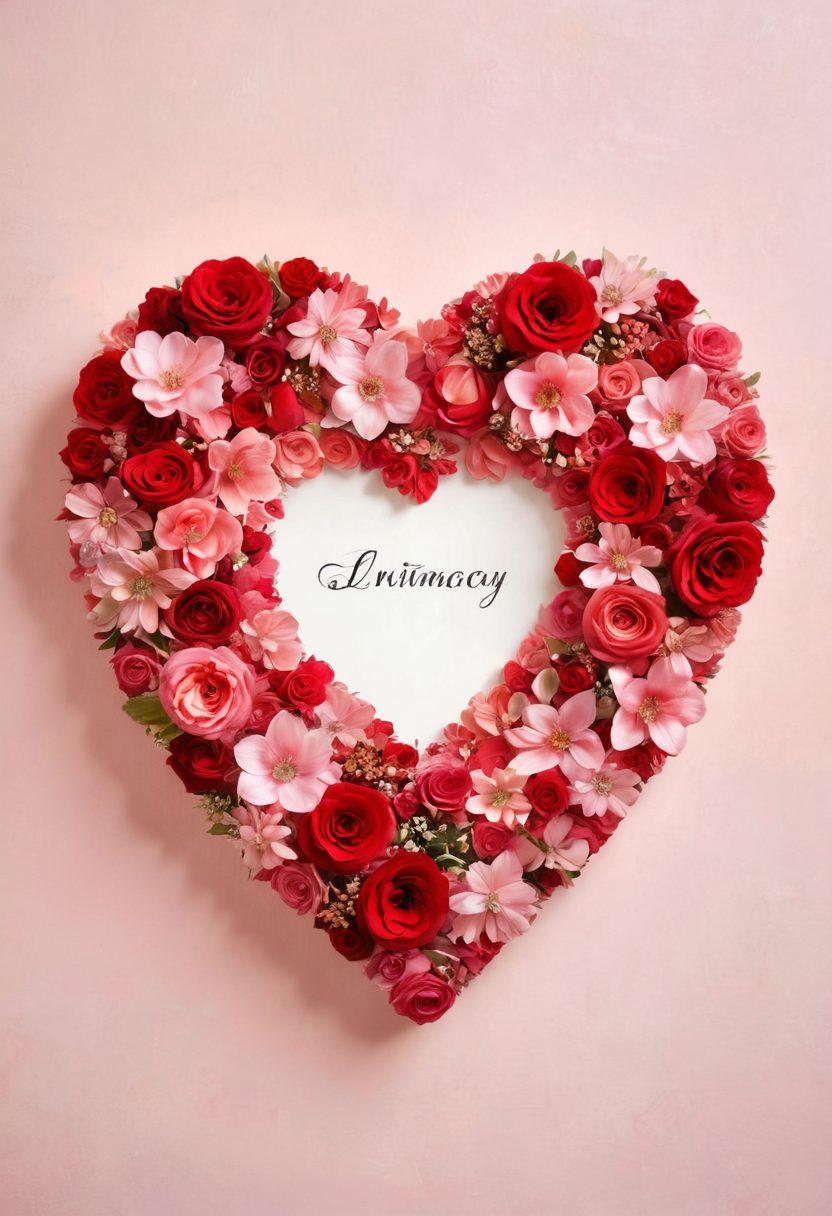 A heart-shaped collage of words like 'intimacy', 'devotion', 'affection', and 'fondness' creatively intertwined in a warm, inviting scene. Soft hues of red and pink envelop the words, with delicate floral accents and soft lighting enhancing the atmosphere of love and connection. The background features a subtle, dreamy blur that captures the essence of romance. watercolor style. soft focus. warm tones.