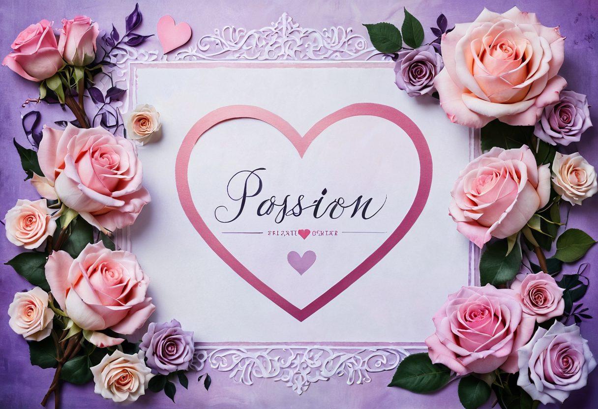 A whimsical collage of romantic symbols such as intertwined hearts, blooming roses, and soft candlelight, surrounded by enchanting words like 'passion', 'affection', and 'devotion' written in elegant calligraphy. The background features a dreamy gradient of soft pinks and purples, creating a magical atmosphere. The scene evokes warmth, intimacy, and the beauty of love. vibrant colors. soft focus. romantic style.