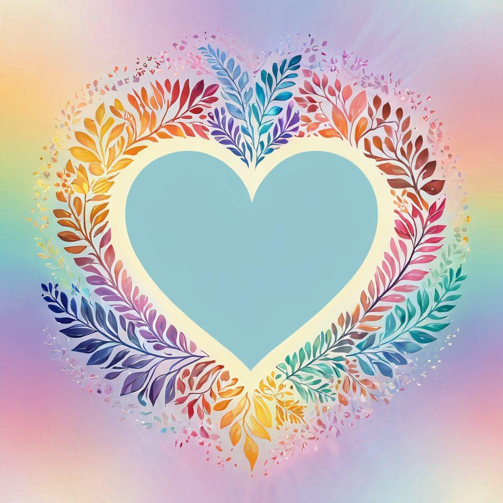 A beautifully arranged collection of colorful words flowing from an open heart, each phrase glowing as if illuminated by inner light. Soft pastel colors intertwine, creating a cozy atmosphere that invites connection. Gentle waves of emotion ripple outwards, symbolizing deepening bonds, while subtle nature elements - like leaves and petals - provide a nurturing touch. The background is a gentle gradient, reflecting warmth and love. super-realistic. vibrant colors. soft focus.